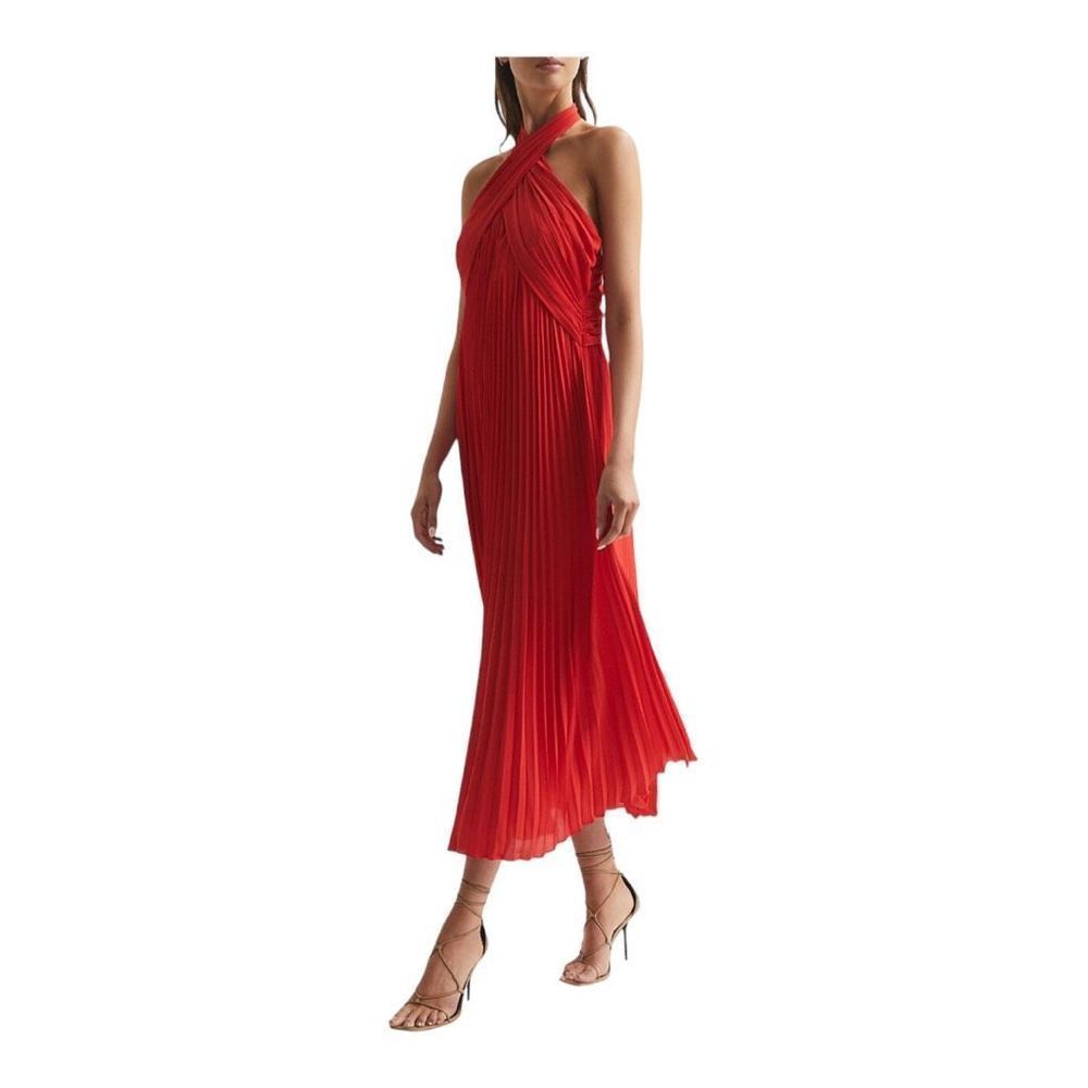 REISS Red Roya Pleated Midi Halter Dress Size 4